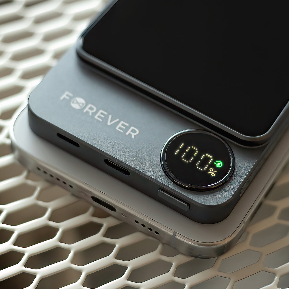 Forever MATB-200 vezeték nélküli külső akkumulátor, 5000mAh, 20W, PD + FQI, 1 x QI - 1 x USB-C, Fekete
