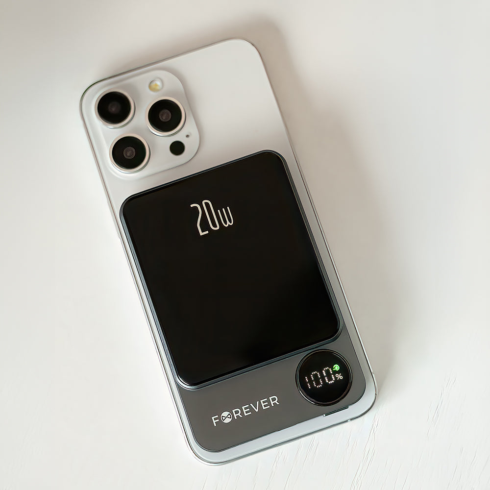 Forever MATB-200 vezeték nélküli külső akkumulátor, 5000mAh, 20W, PD + FQI, 1 x QI - 1 x USB-C, Fekete