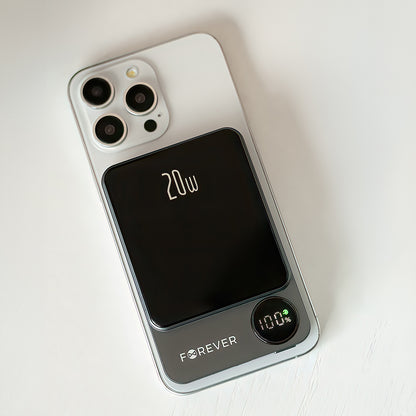 Forever MATB-200 vezeték nélküli külső akkumulátor, 5000mAh, 20W, PD + FQI, 1 x QI - 1 x USB-C, Fekete