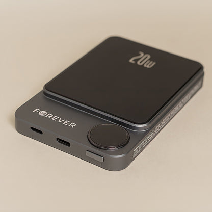 Forever MATB-200 vezeték nélküli külső akkumulátor, 5000mAh, 20W, PD + FQI, 1 x QI - 1 x USB-C, Fekete