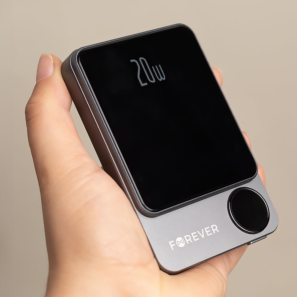 Forever MATB-200 vezeték nélküli külső akkumulátor, 5000mAh, 20W, PD + FQI, 1 x QI - 1 x USB-C, Fekete