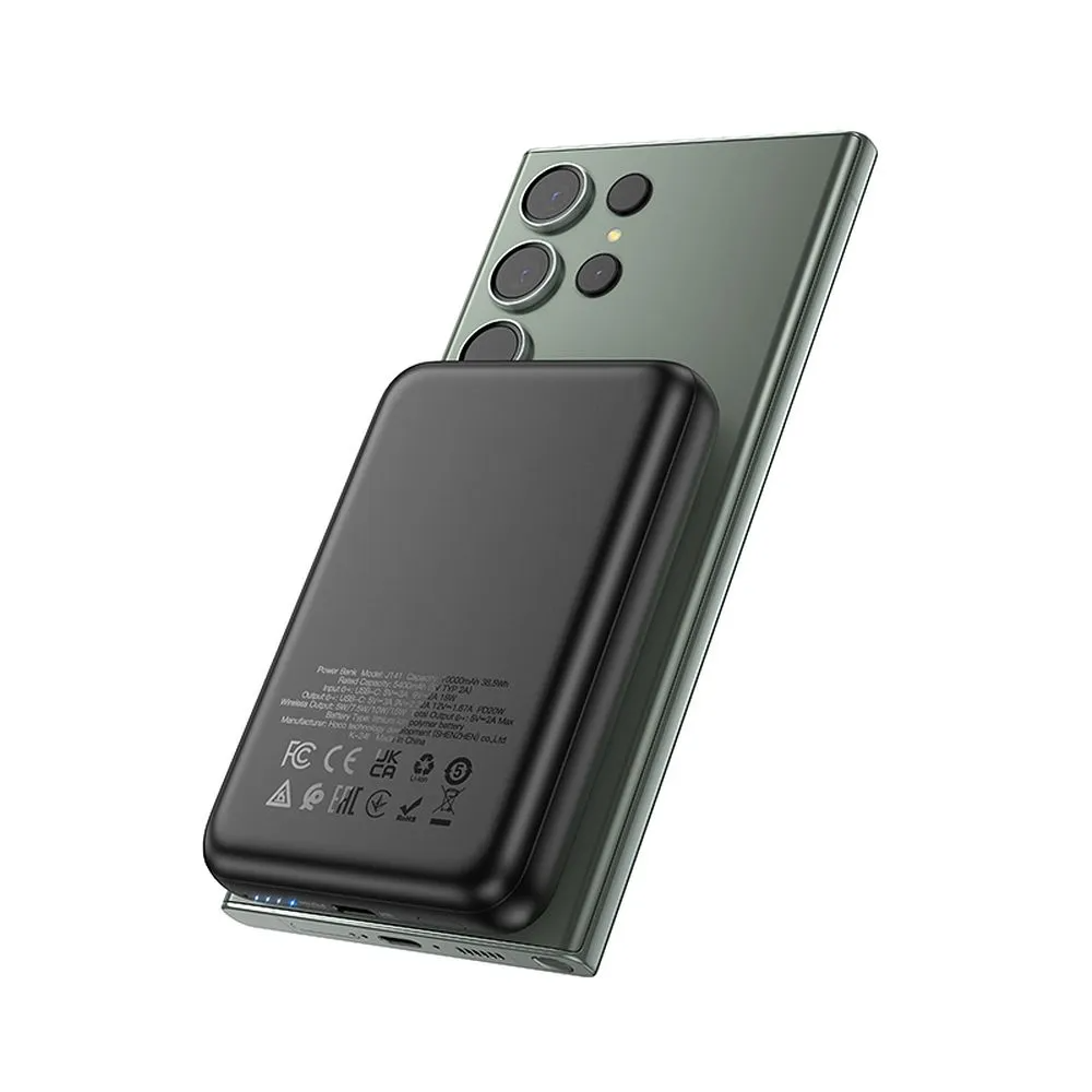 HOCO J141 vezeték nélküli külső akkumulátor, 10000mAh, 20W, PD + FQI, 1 x QI - 1 x USB-C, Fekete