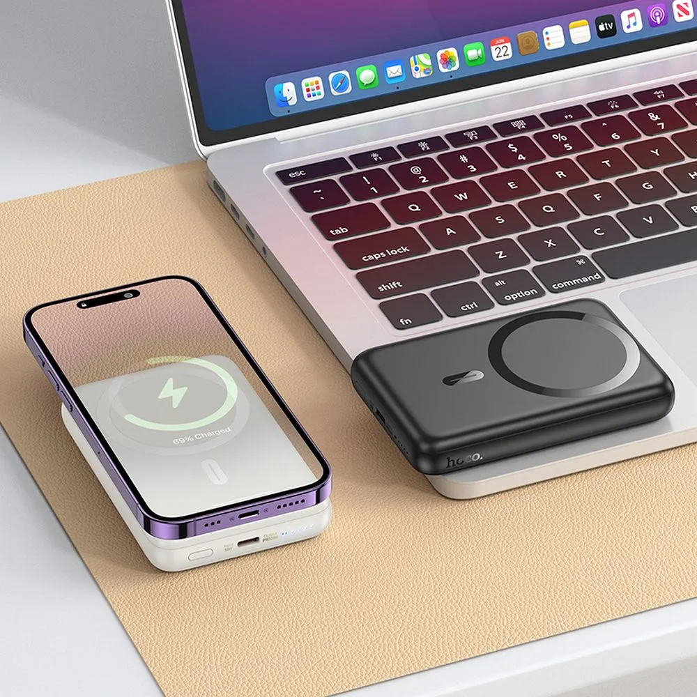 HOCO J141 vezeték nélküli külső akkumulátor, 10000mAh, 20W, PD + FQI, 1 x QI - 1 x USB-C, Fekete