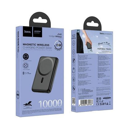 HOCO J141 vezeték nélküli külső akkumulátor, 10000mAh, 20W, PD + FQI, 1 x QI - 1 x USB-C, Fekete