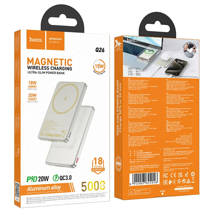 HOCO Q26 vezeték nélküli külső akkumulátor, 5000mAh, 20W, PD + FQI, 1 x QI - 1 x USB-C, narancssárga