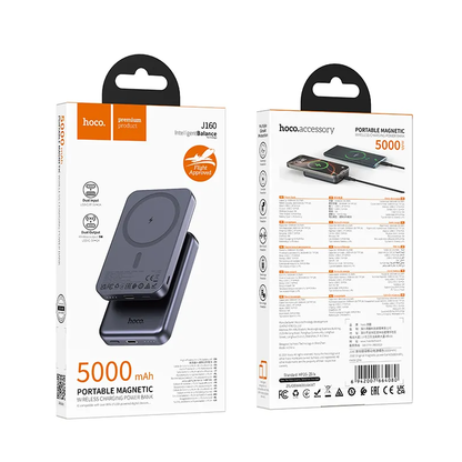 HOCO J160 vezeték nélküli külső akkumulátor, 5000mAh, 10W, 1 x QI - 1 x USB-C, Szürke