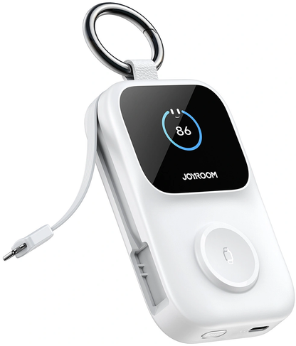 Joyroom JR-W19 vezeték nélküli külső akkumulátor, 5000mAh, 20W, QC + PD, 1 x Lightning - 1 x QI - 2 x USB-C, Fehér