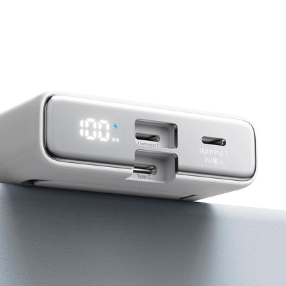 Joyroom JR-PBM01 vezeték nélküli külső akkumulátor, 10000mAh, 20W, QC + PD + FQI, 1 x Lightning - 1 x QI - 1 x USB-C, Fehér