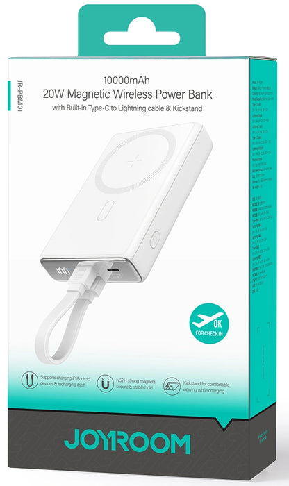 Joyroom JR-PBM01 vezeték nélküli külső akkumulátor, 10000mAh, 20W, QC + PD + FQI, 1 x Lightning - 1 x QI - 1 x USB-C, Fehér