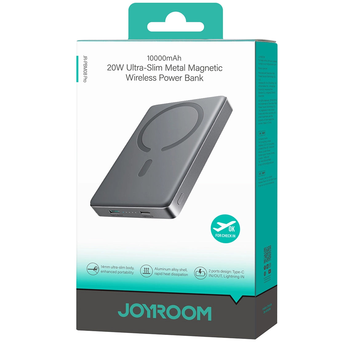 Joyroom JR-PBM08 Pro vezeték nélküli külső akkumulátor, 10000mAh, 20W, PD + FQI, 1 x QI - 1 x USB-C, szürke