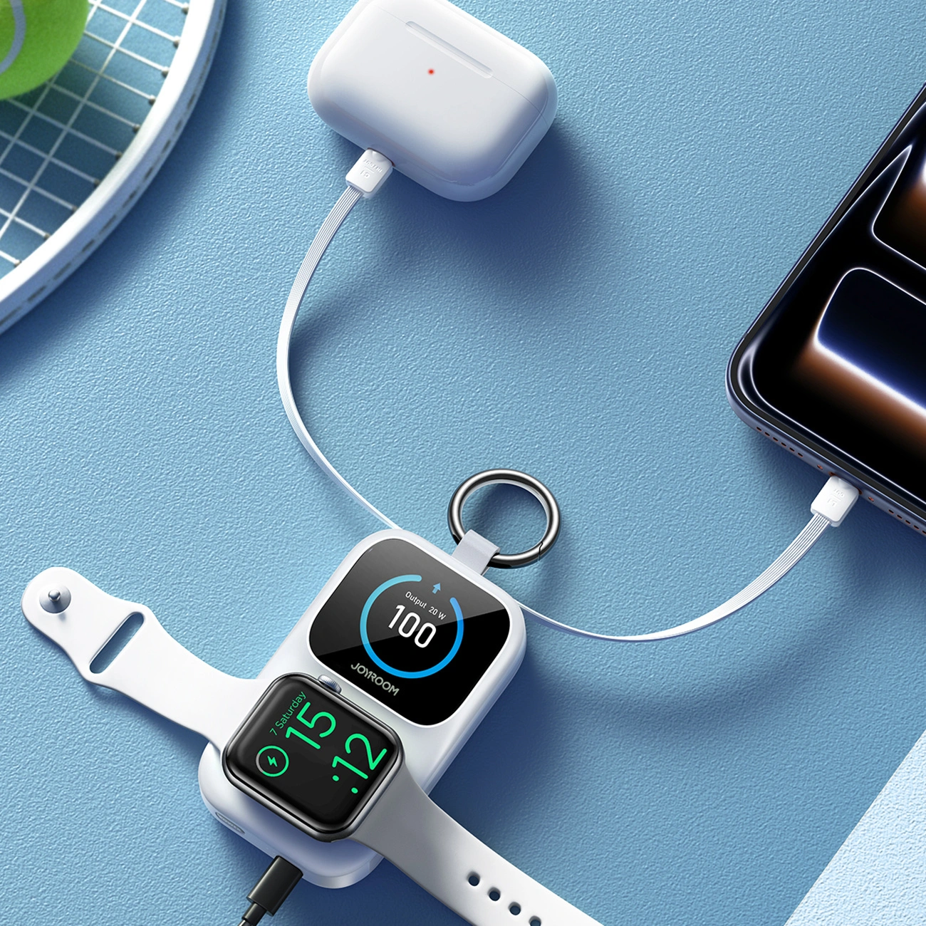 Joyroom JR-W19 vezeték nélküli külső akkumulátor, 5000mAh, 20W, QC + PD, 1 x Lightning - 1 x QI - 2 x USB-C, Fehér