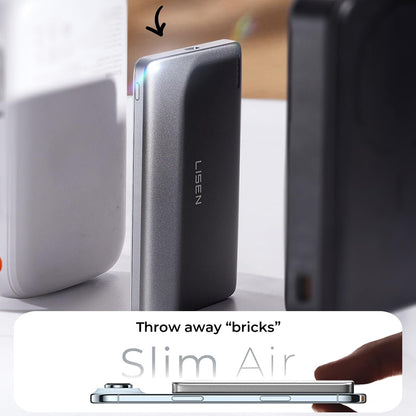 Lisen L601 Pro vezeték nélküli külső akkumulátor, 5000mAh, 22,5W, PD + FQI, 1 x QI - 1 x USB-C, Szürke YL0325090011
