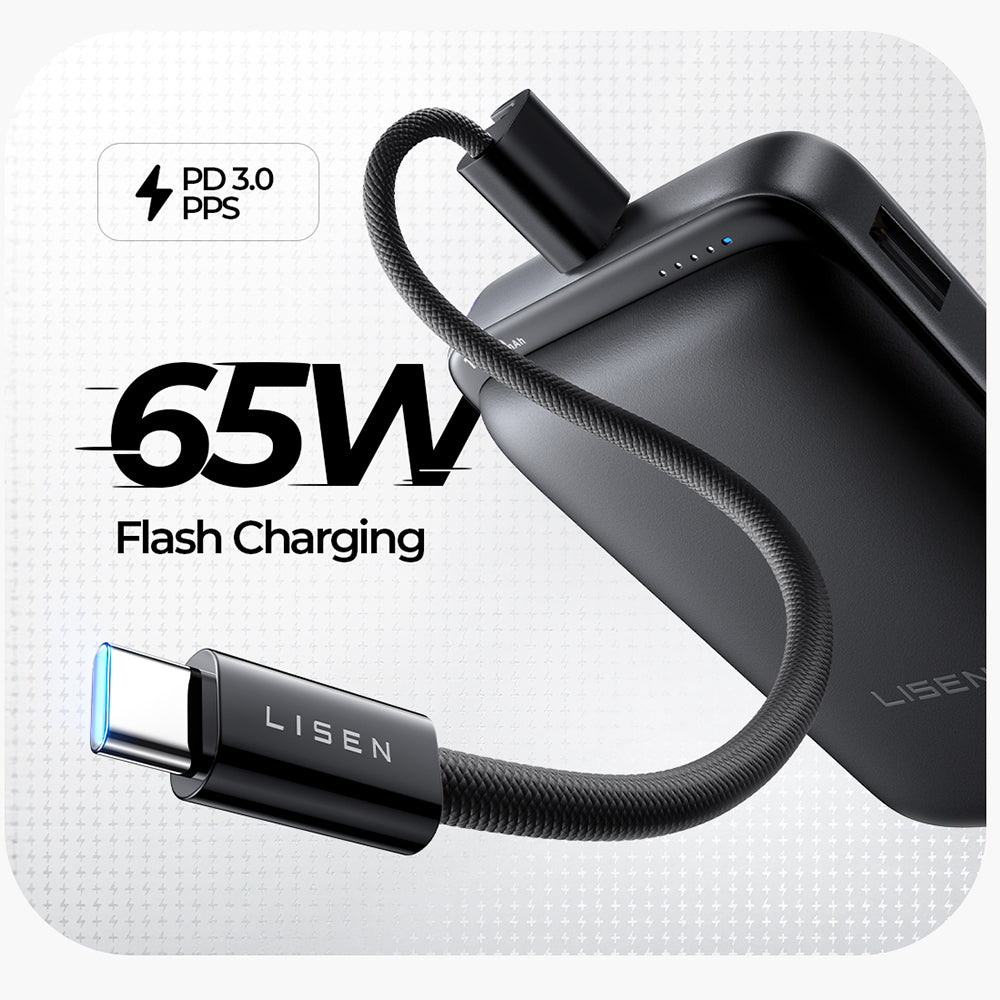 Lisen P604 vezeték nélküli külső akkumulátor, 10000mAh, 65W, QC + PD + FQI, 1 x QI - 1 x USB-A - 1 x USB-C, fekete