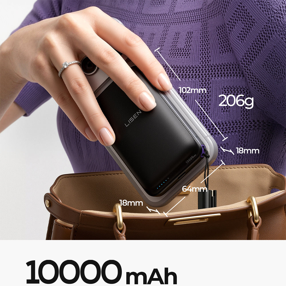Lisen P604 vezeték nélküli külső akkumulátor, 10000mAh, 65W, QC + PD + FQI, 1 x QI - 1 x USB-A - 1 x USB-C, fekete