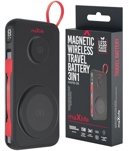 MaXlife MXPB-08 vezeték nélküli külső akkumulátor, 10000mAh, 22.5W, QC + PD + FQI + QI, 1 x USB-A - 1 x USB-C - 2 x QI, Fekete