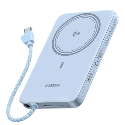 UGREEN PB570 (65839B) vezeték nélküli külső akkumulátor, 10000 mAh, 30 W, PD + FQI, 1 x QI – 2 x USB-C, kék