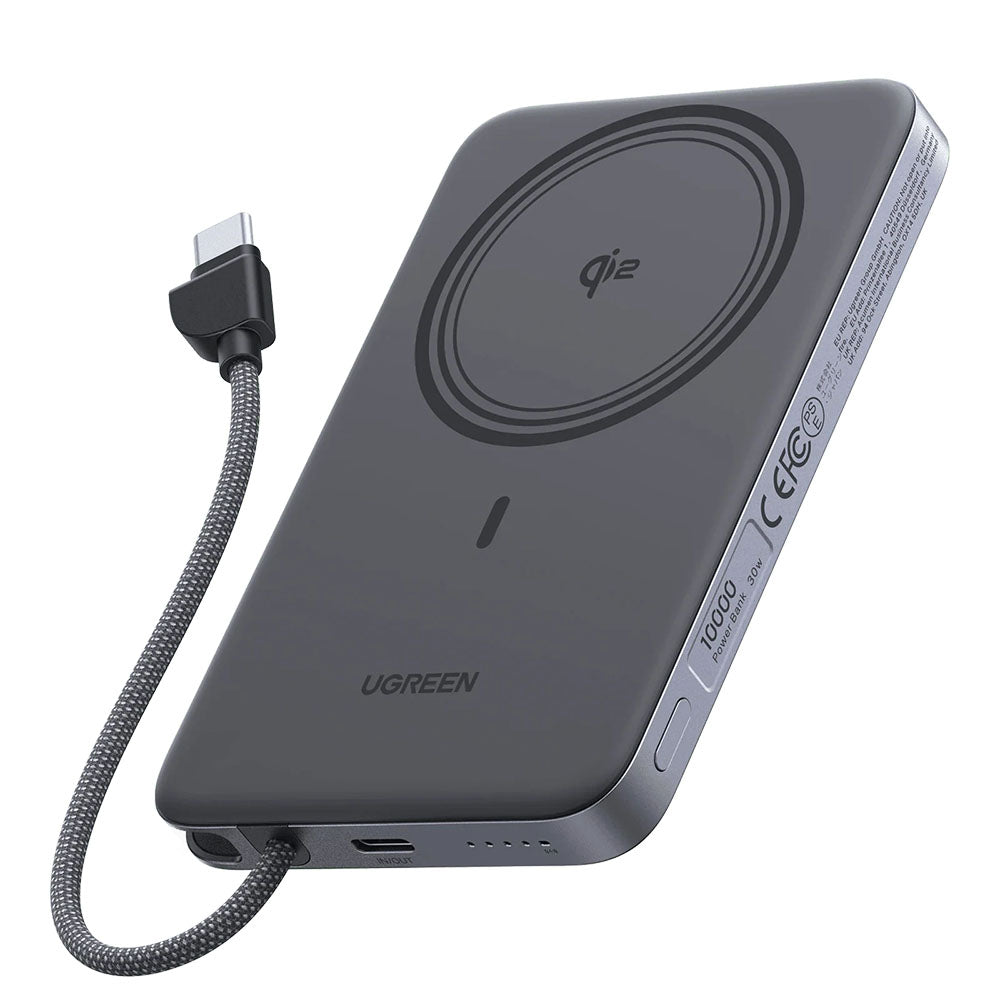 UGREEN PB570 vezeték nélküli külső akkumulátor (75982B), 10000 mAh, 30 W, PD + FQI, 1 x QI – 2 x USB-C, szürke