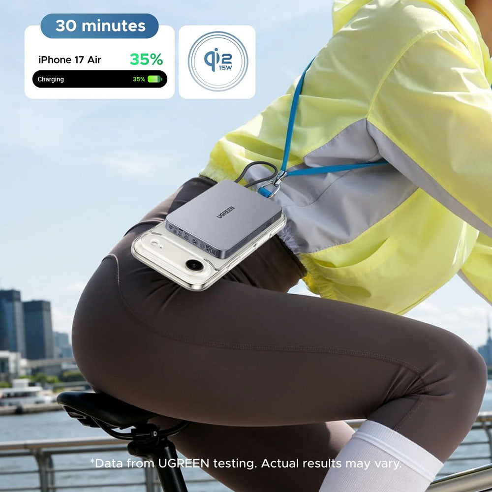 UGREEN PB570 vezeték nélküli külső akkumulátor (75982B), 10000 mAh, 30 W, PD + FQI, 1 x QI – 2 x USB-C, szürke