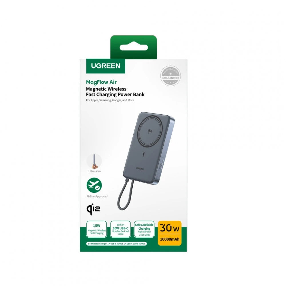 UGREEN PB570 vezeték nélküli külső akkumulátor (75982B), 10000 mAh, 30 W, PD + FQI, 1 x QI – 2 x USB-C, szürke