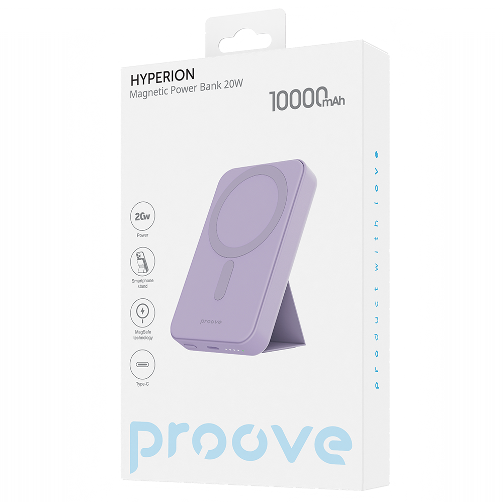 Proove Hyperion vezeték nélküli külső akkumulátor, 10000mAh, 20W, PD + FQI, 1 x QI - 1 x USB-C, Lila