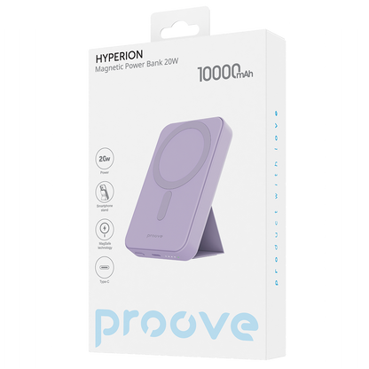 Proove Hyperion vezeték nélküli külső akkumulátor, 10000mAh, 20W, PD + FQI, 1 x QI - 1 x USB-C, Lila