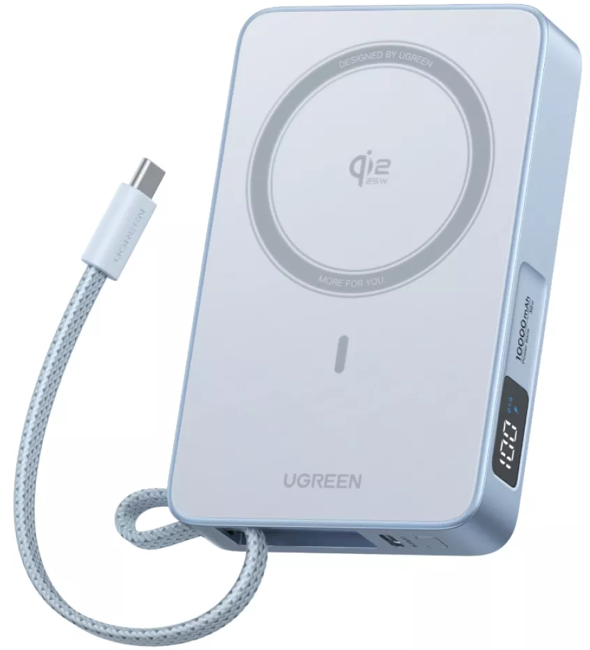 UGREEN MagFlow PB773 vezeték nélküli külső akkumulátor (65958), 10000mAh, 25W, PD + FQI, 1 x QI - 2 x USB-C, Kék