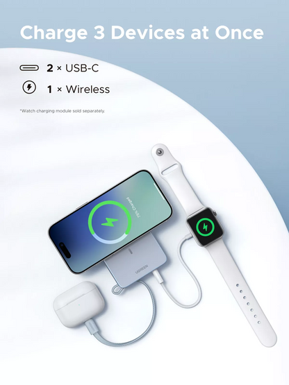 UGREEN MagFlow PB773 vezeték nélküli külső akkumulátor (65958), 10000mAh, 25W, PD + FQI, 1 x QI - 2 x USB-C, Kék