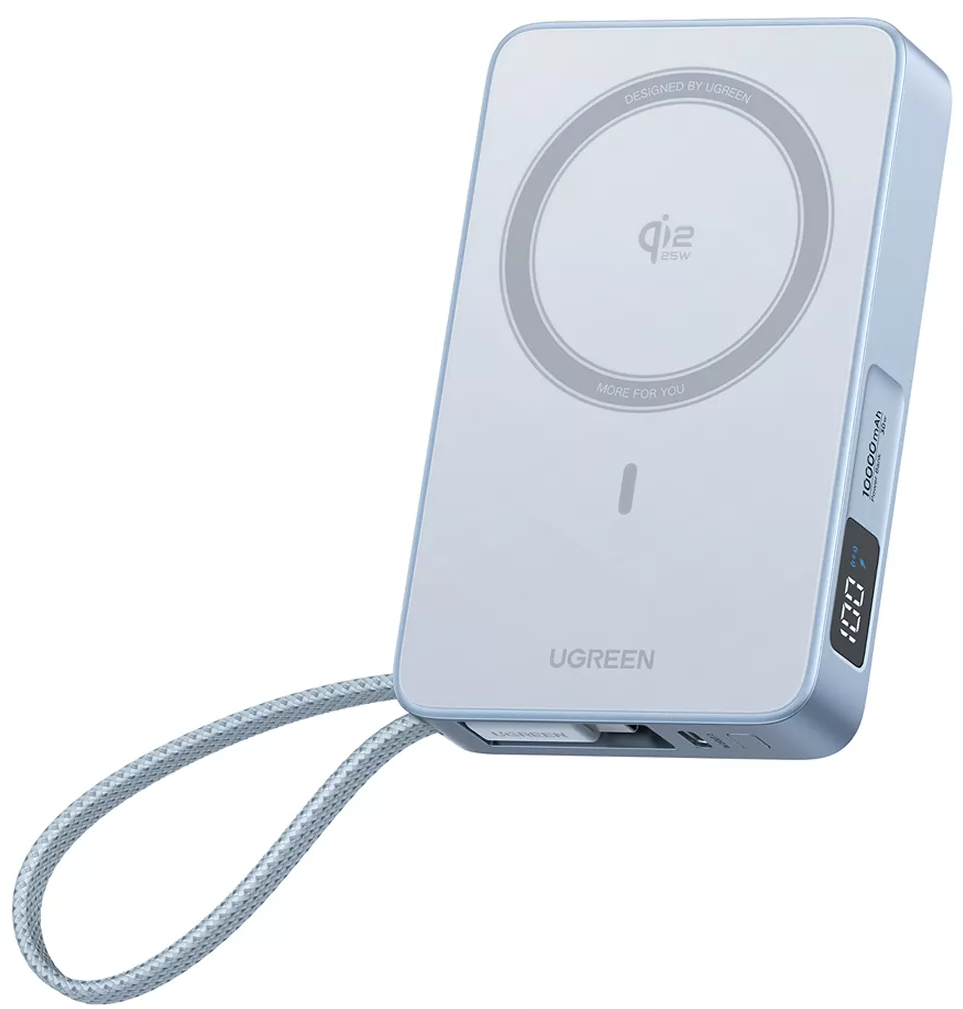 UGREEN MagFlow PB773 vezeték nélküli külső akkumulátor (65958), 10000mAh, 25W, PD + FQI, 1 x QI - 2 x USB-C, Kék
