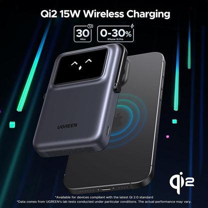 UGREEN PB764 Uno vezeték nélküli külső akkumulátor, 10000mAh, 20W, PD + FQI, 1 x QI - 1 x USB-C, Szürke
