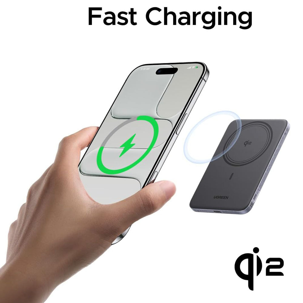 UGREEN PB580 (75984B) vezeték nélküli külső akkumulátor, 5000mAh, 15W, PD + FQI, 1 x QI - 1 x USB-C, Szürke