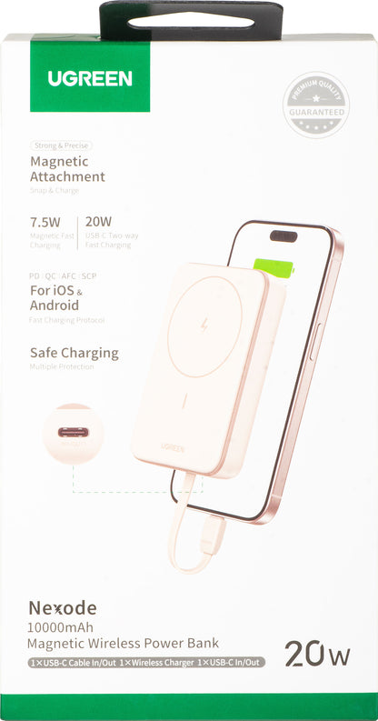 UGREEN PB760 vezeték nélküli külső akkumulátor, 10000mAh, 20W, PD + FQI, 1 x QI - 1 x USB-C, Bézs