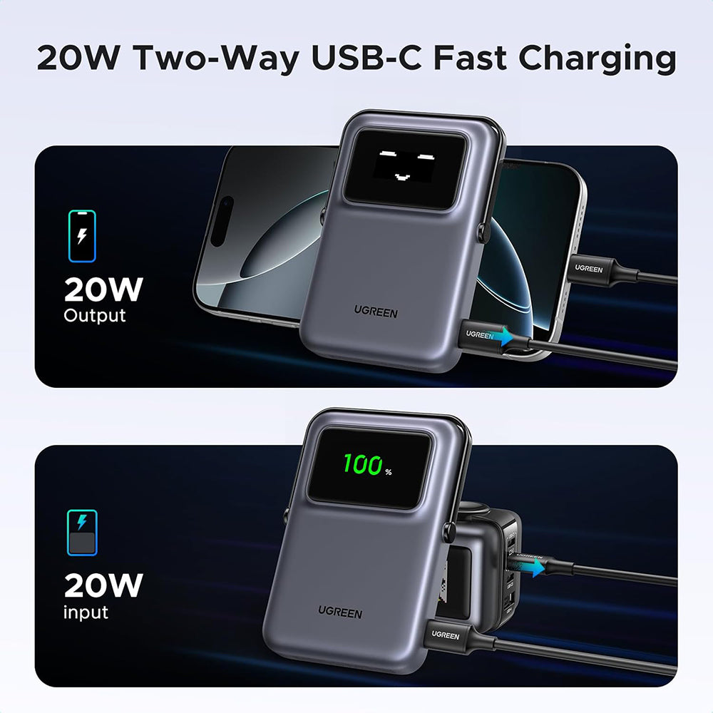 UGREEN PB764 Uno vezeték nélküli külső akkumulátor, 10000mAh, 20W, PD + FQI, 1 x QI - 1 x USB-C, Szürke