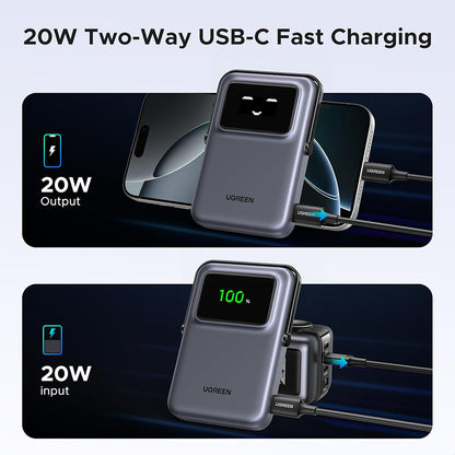 UGREEN PB764 Uno vezeték nélküli külső akkumulátor, 10000mAh, 20W, PD + FQI, 1 x QI - 1 x USB-C, Szürke