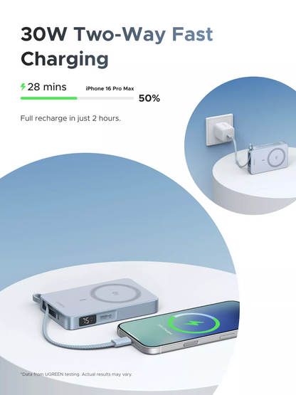 UGREEN MagFlow PB773 vezeték nélküli külső akkumulátor (65958), 10000mAh, 25W, PD + FQI, 1 x QI - 2 x USB-C, Kék