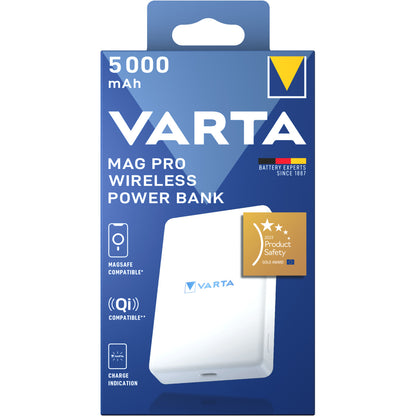 Varta Mag Pro vezeték nélküli külső akkumulátor, 5000mAh, 12W, 1 x QI - 1 x USB-C, Fehér
