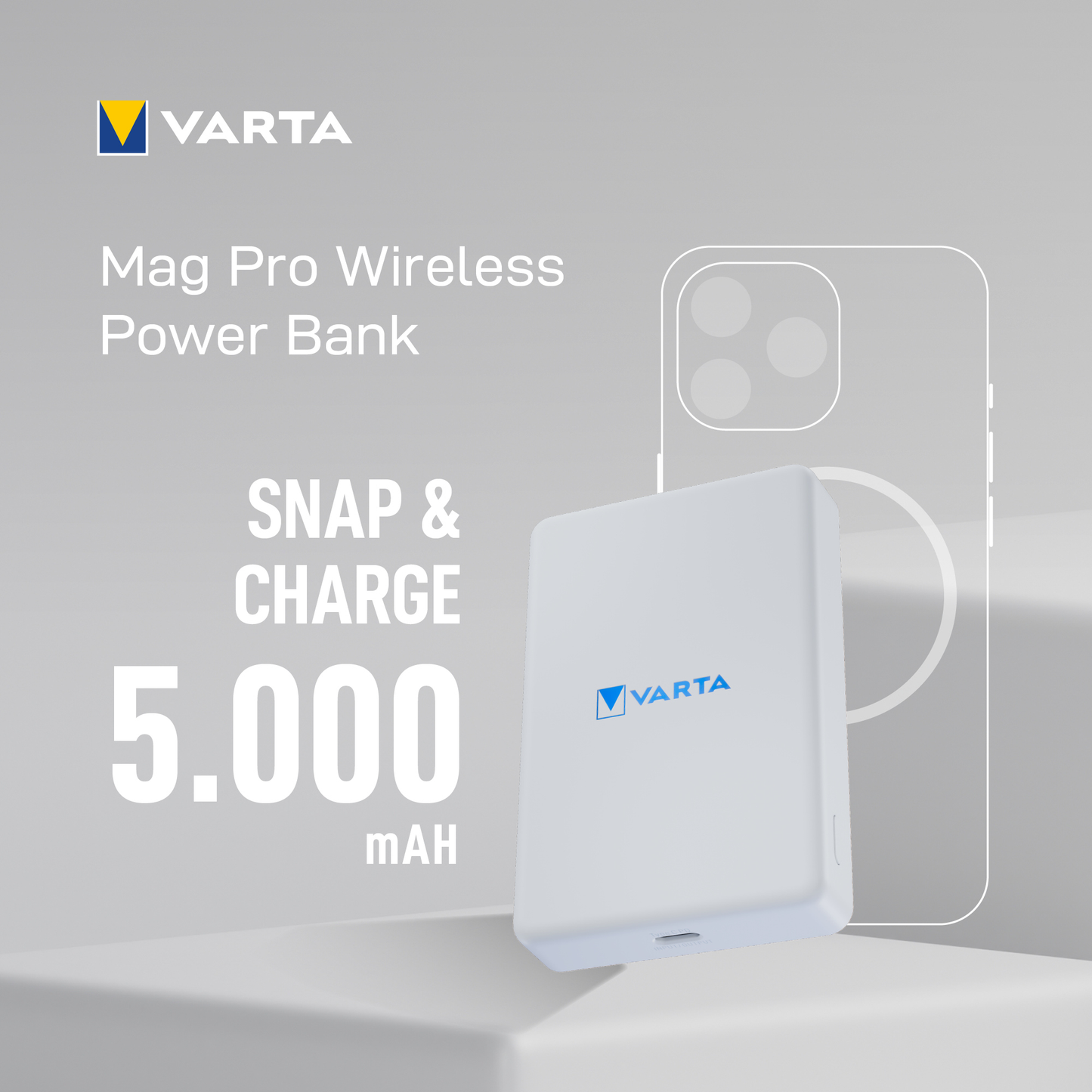 Varta Mag Pro vezeték nélküli külső akkumulátor, 5000mAh, 12W, 1 x QI - 1 x USB-C, Fehér