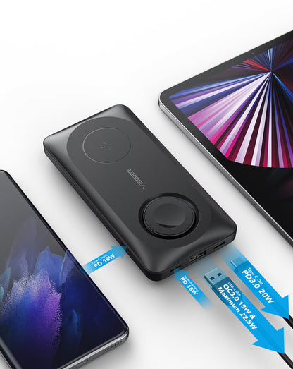Veger MagMulti W1156 Wireless External Battery, 10000mAh, 22.5W, QC + PD + FQI, 2 x QI - 1 x USB-A - 1 x USB-C, Black