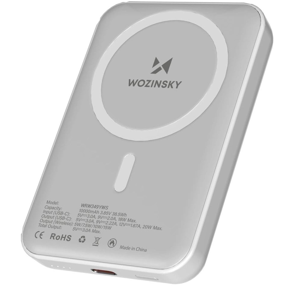 WZK WRW349YWS vezeték nélküli külső akkumulátor, 10000mAh, 20W, PD + FQI, 1 x QI - 1 x USB-C, Fehér