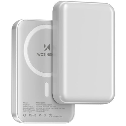 WZK WRW349YWS vezeték nélküli külső akkumulátor, 10000mAh, 20W, PD + FQI, 1 x QI - 1 x USB-C, Fehér