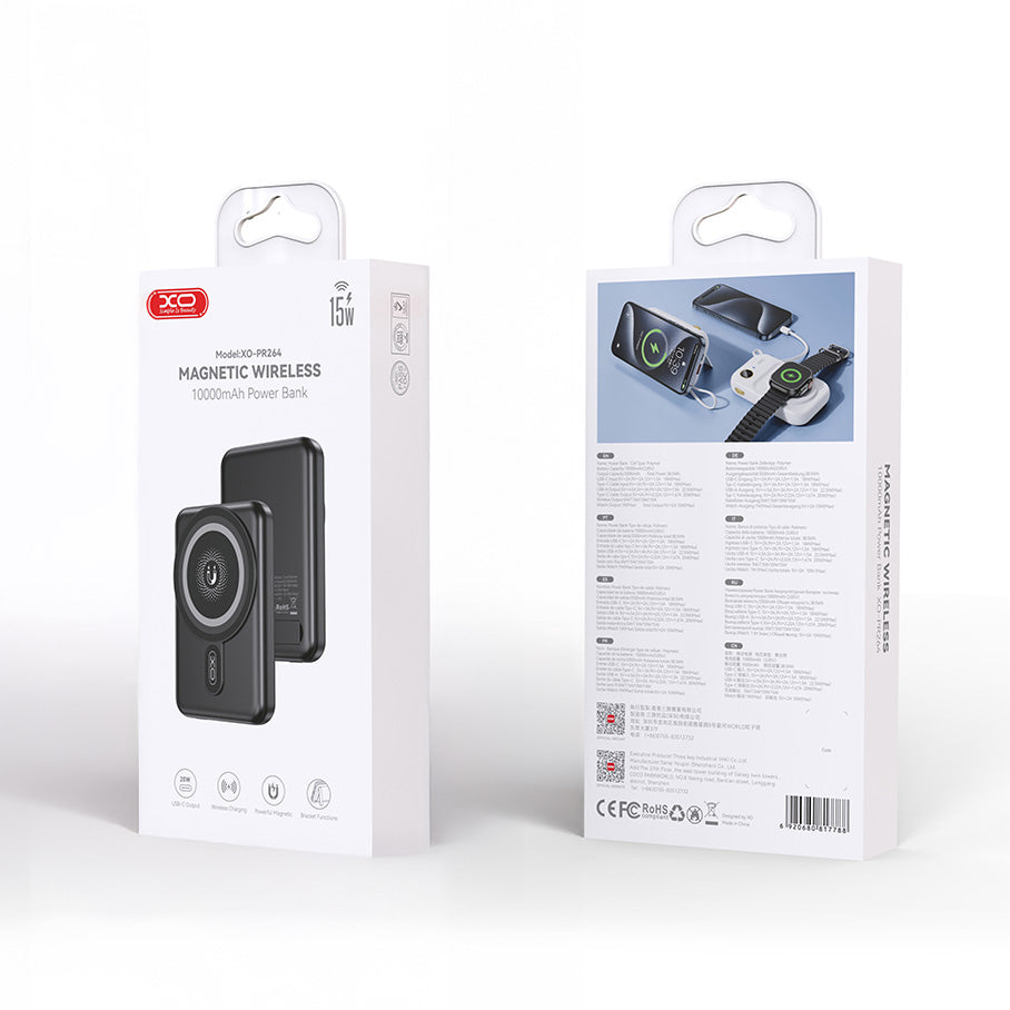 XO Design PR264 vezeték nélküli külső akkumulátor, 10000mAh, 20W, PD + FQI, 1 x USB-C, Fekete