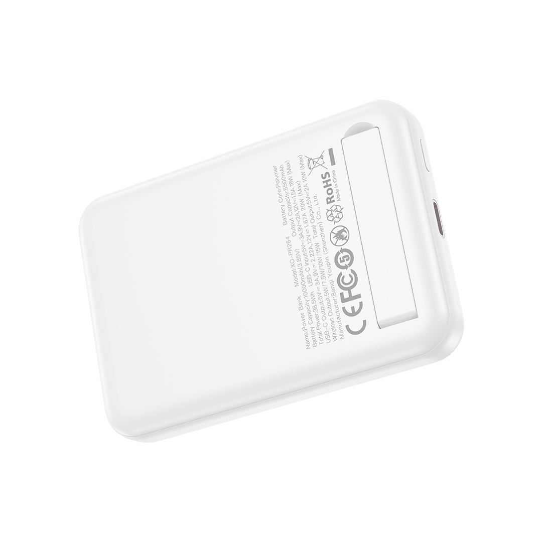 Vezeték nélküli külső akkumulátor XO Design PR264, 10000mAh, 20W, PD + FQI, 1 x USB-C, Fehér