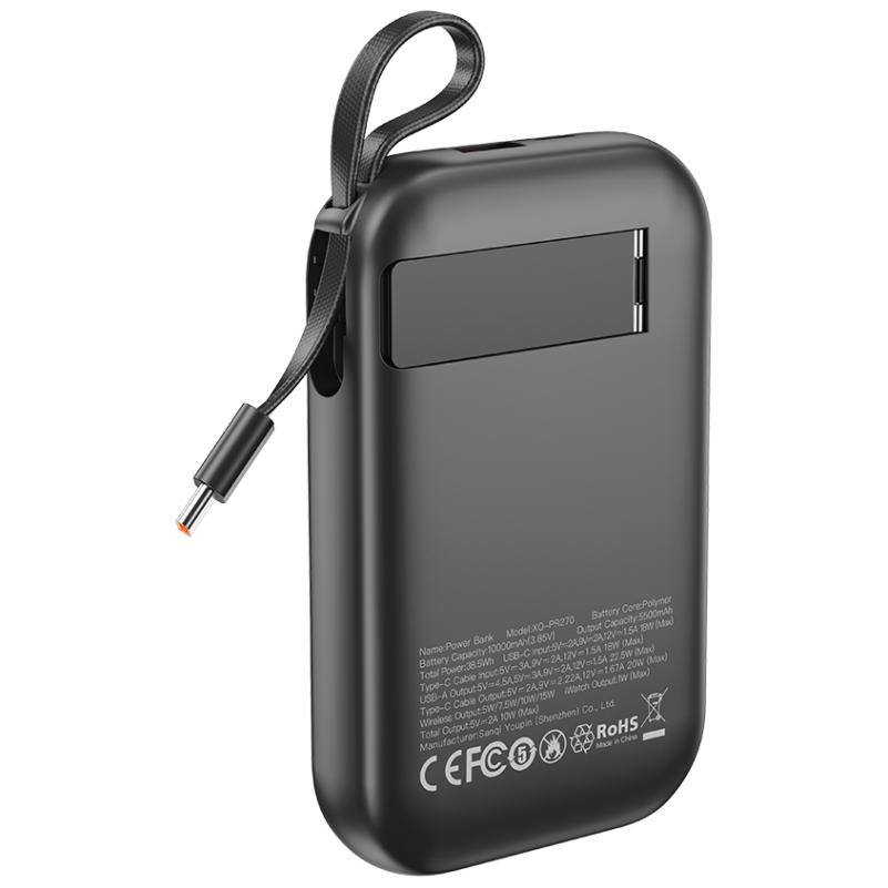 XO Design PR270 vezeték nélküli külső akkumulátor, 10000mAh, 22.5W, QC + PD + QI, 1 x QI - 1 x USB-A - 1 x USB-C, Fekete