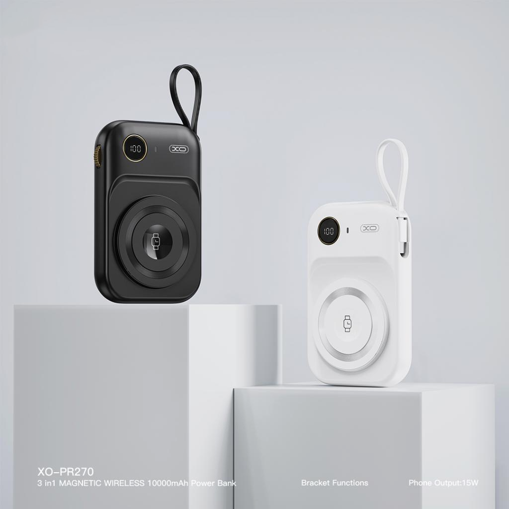 XO Design PR270 vezeték nélküli külső akkumulátor, 10000mAh, 22.5W, QC + PD + QI, 1 x QI - 1 x USB-A - 1 x USB-C, Fekete