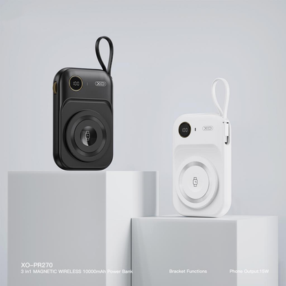 XO Design PR270 vezeték nélküli külső akkumulátor, 10000mAh, 22.5W, QC + PD + QI, 1 x QI - 1 x USB-A - 1 x USB-C, Fekete