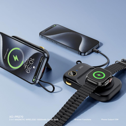 XO Design PR270 vezeték nélküli külső akkumulátor, 10000mAh, 22.5W, QC + PD + QI, 1 x QI - 1 x USB-A - 1 x USB-C, Fekete