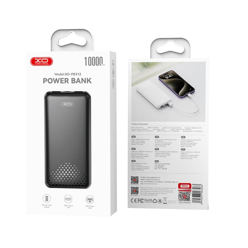XO Design PB312 külső akkumulátor, 10000mAh, 10W, 2 x USB-A, Fekete