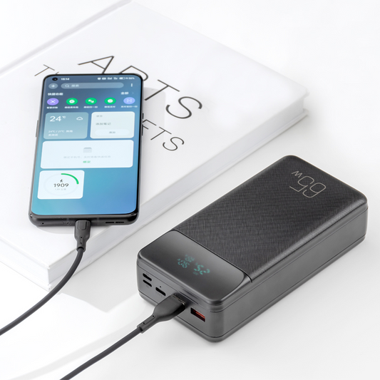 XO Design PR201 külső akkumulátor, 30000mAh, 65W, QC + PD, 1 x USB-C - 2 x USB-A, Fekete