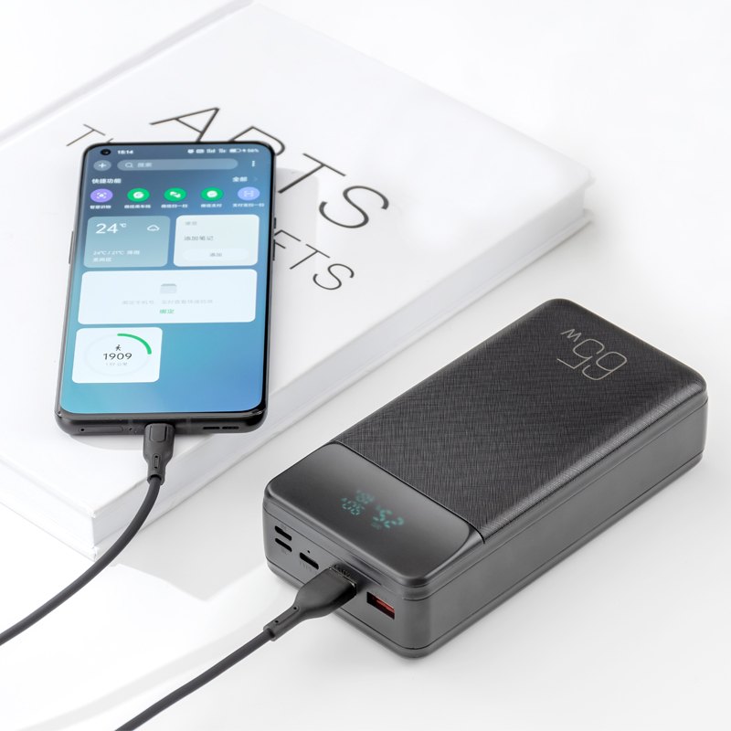 XO Design PR201 külső akkumulátor, 30000mAh, 65W, QC + PD, 1 x USB-C - 2 x USB-A, Fekete