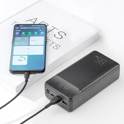 XO Design PR201 külső akkumulátor, 30000mAh, 65W, QC + PD, 1 x USB-C - 2 x USB-A, Fekete
