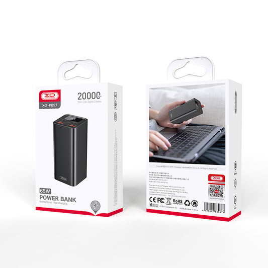 XO Design PB97 külső akkumulátor, 20000mAh, 65W, QC + PD, 2 x USB-A - 2 x USB-C, Fekete